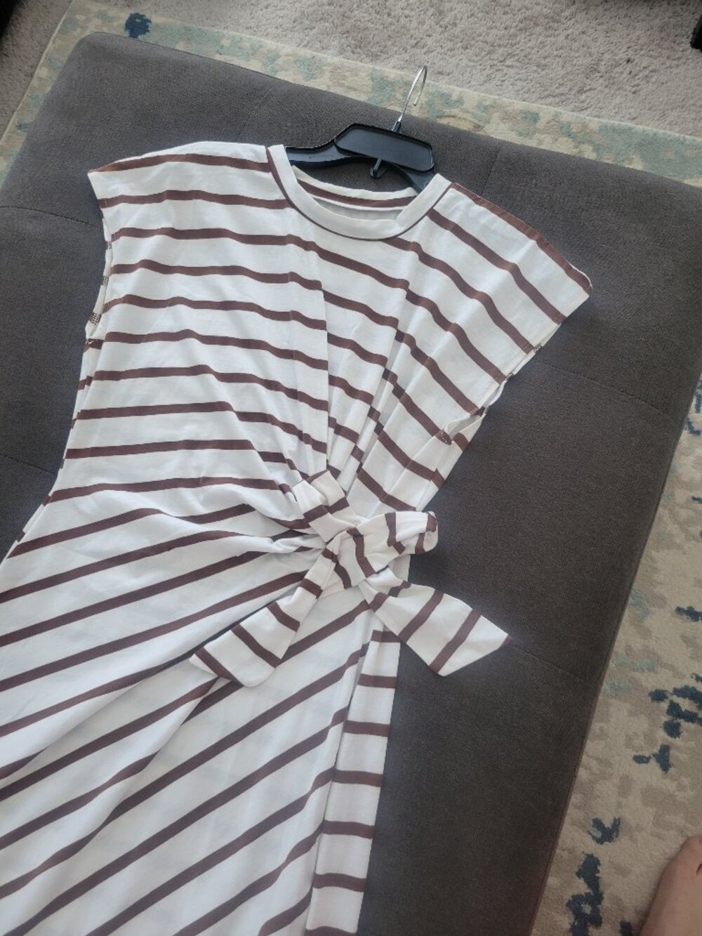 Sonoma ? T Shirt Dress with Tie Front sz M L White Brown Stripes Cinched Waist